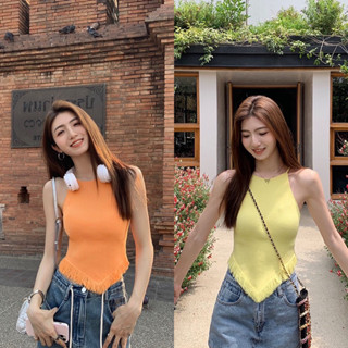 เสื้อสายเดี่ยวไหมพรมแขนกุดชายพู่สามเหลี่ยมน่ารักๆ PUU KNIT TOP