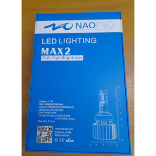 หลอดไฟหน้ารถยนต์ LED NAOEVO MAX2 กำลังไฟ 70W สว่าง 16800 ลูเมน แสง 6500K สว่าง 400% รับประกัน 2 ปี ขั้ว HB4