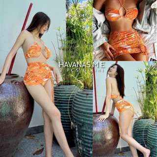 🍊Havanas me🍊bikini 3 ชิ้น มาพร้อมผ้าคลุมกระโปรง ชุดว่ายน้ำสีส้ม สีสดใส บิกินี่สีส้ม summer calling