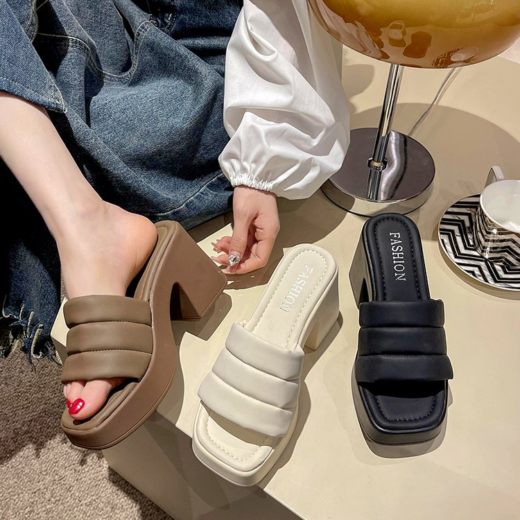JINxCHOY SHOES ฤดูร้อนสีทึบส้นสูงรองเท้าที่เรียบง่ายร้อยสำนักงานเดินทางช้อปปิ้งผู้หญิงรองเท้า