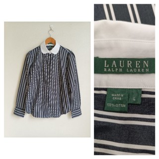 RALPH LAUREN เสื้อเชิ้ตลายทาง สีดำ-ขาว คอบัว ผ้าฝ้าย ไม่ยืด  Size L  รอบอก  42 นิ้วค่ะ