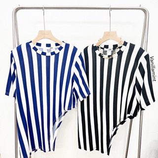 Striped oversize เสื้อลายทางโอเว่อไซค์ชายเฉียง เสริมฟองน้ำที่บ่า ผ้าใส่สบายมากๆๆ ok