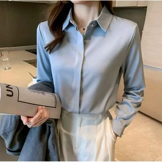 D015 เสื้อเชิ้ตซาตินเกรดพรีเมี่ยม คอแต่งกระดุมเพชร เป็นงานซ่อมกระดุม 20สี