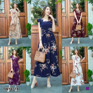 SS14374 เดรสยาว คอเหลี่ยม แขนระบาย ลายดอก Long dress, square neckline, ruffled sleeves, floral pattern