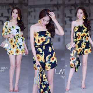 CS4657 	จั้มเกาะอก+เสื้อคลุมลายทานตะวัน Strapless jumpsuit + sunflower pattern coat