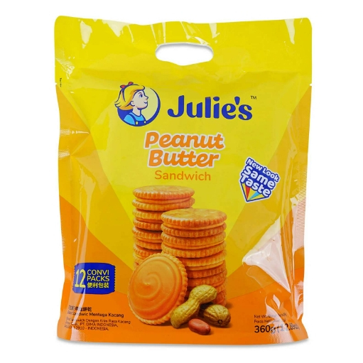 ๋ีJulie's peanut butter sandwichbiscuits ขนม ขนมปังกรอบสอดไส้ครีมเนยถั่วตราจูลี่ส์ 360กรัมexp.10/1/26