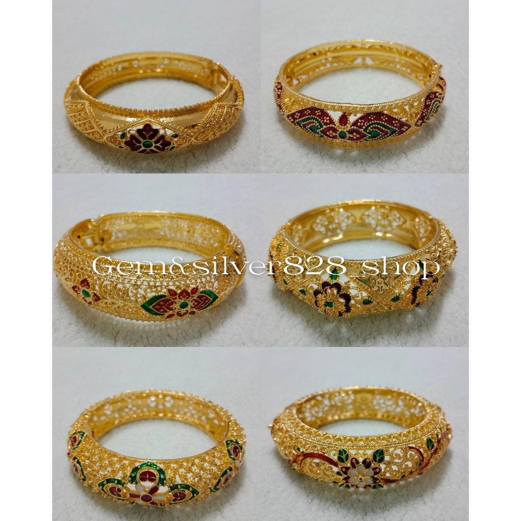 กำไลข้อมือ สีทองลงยา ตกแต่งผ้าถุง/ผ้าซิน ลายไทยฉลุ สินค้าพร้อมส่ง