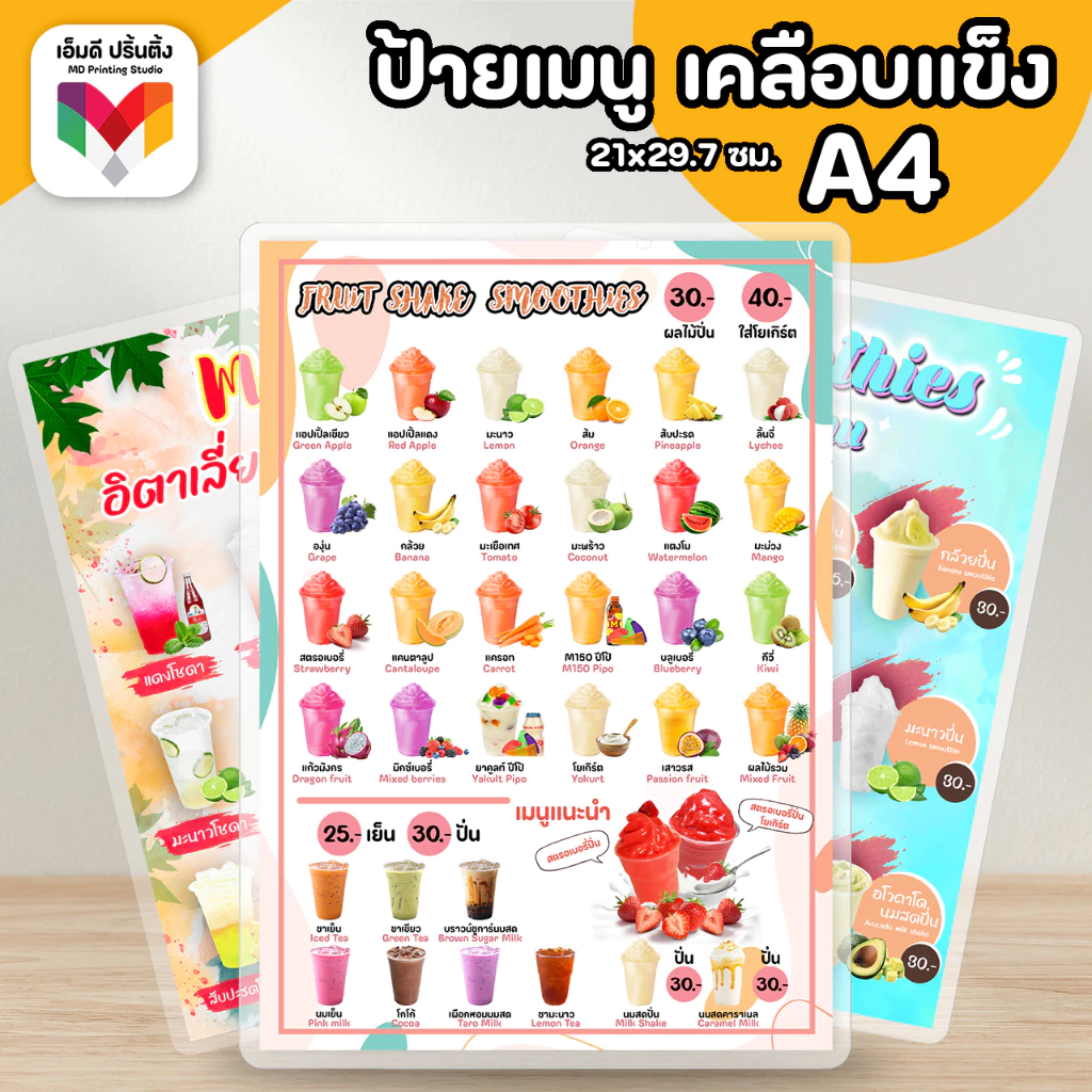 🔥ป้ายเมนูอิตาเลี่ยนโซดา ผลไม้ปั่น นมปั่น ขนาด A4⚡️เคลือบใสกันน้ำอย่างดี 🍓🥝