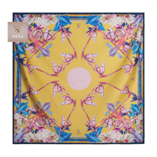 PEDZ ผ้าพันคอไหมซาตินพรีเมี่ยมพิมพ์ลายดอกสาละสีเหลือง Yellow Shala Flower in Secret Garden Silk Satin Premium Scarf