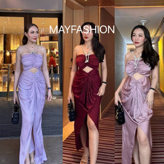 MAYFASHION เดรสยาวออกงานแต่งโบว์เพชรด้านหน้าอก ด้านหลังซิปหลัง ผูกโบว์หลัง