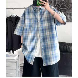 เสื้อเชิ้ตผู้ชายแขนสั้นลายสก๊อตฤดูร้อนญี่ปุ่นครึ่งแขนหลวมขนาดใหญ่