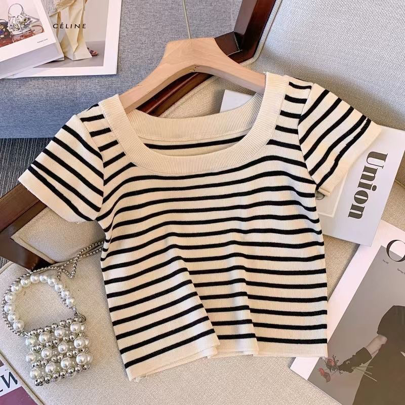 Fiona knit top 🧁✨ เสื้อครอปยืด ลายทาง มินิมอล ผ้านิ่ม ไม่บาง พร้อมส่งจากไทย10041
