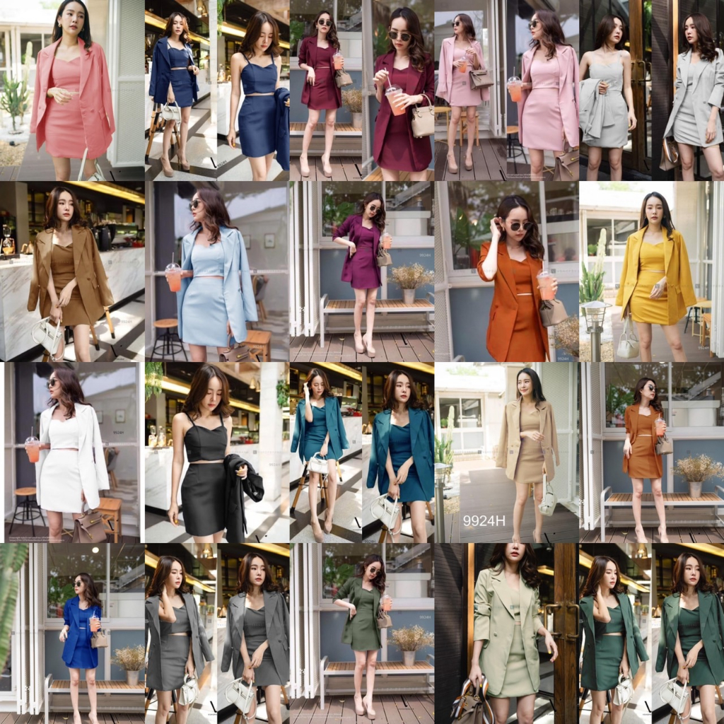 SS9924 Set 3 ชิ้น เสื้อสูท + สายเดี่ยว + กระโปรง Suit jacket + tank top + skirt