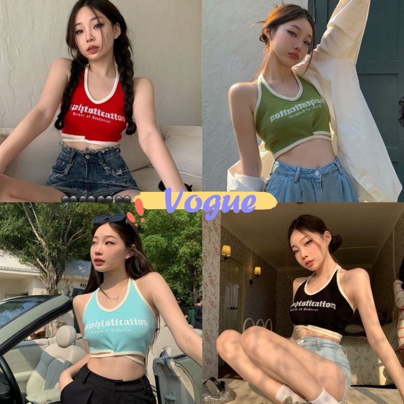 Vogue🌟พร้อมส่ง🌟 เสื้อคล้องคอ มีฟิงน้ำ ดีเทลสายผูกเอว (FY2489) -H