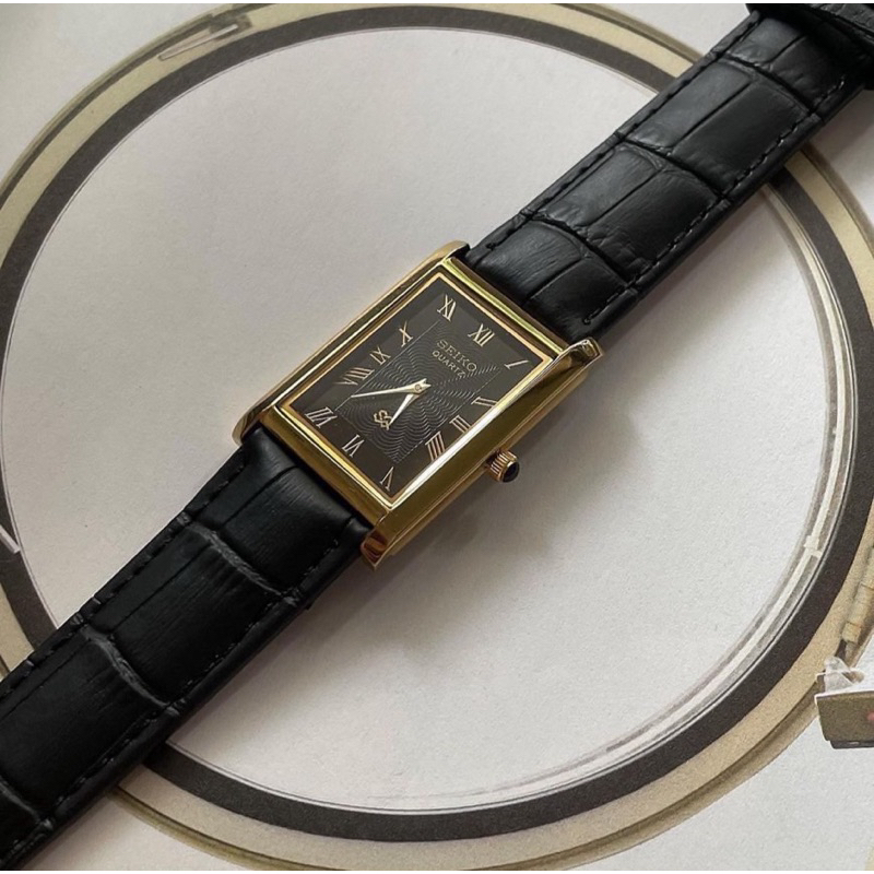 seiko quartz vintage watch นาฬิกาวินเทจสายหนังแท้สีดำ