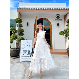 ♥️ M7 AIYARIN Maxi dress เดรสยาว แขนกุด เว้าเอว ผ้าลูกไม้ฉลุ ไซส์ S-4XL สำหรับผู้หญิง ชุดสาวอวบ