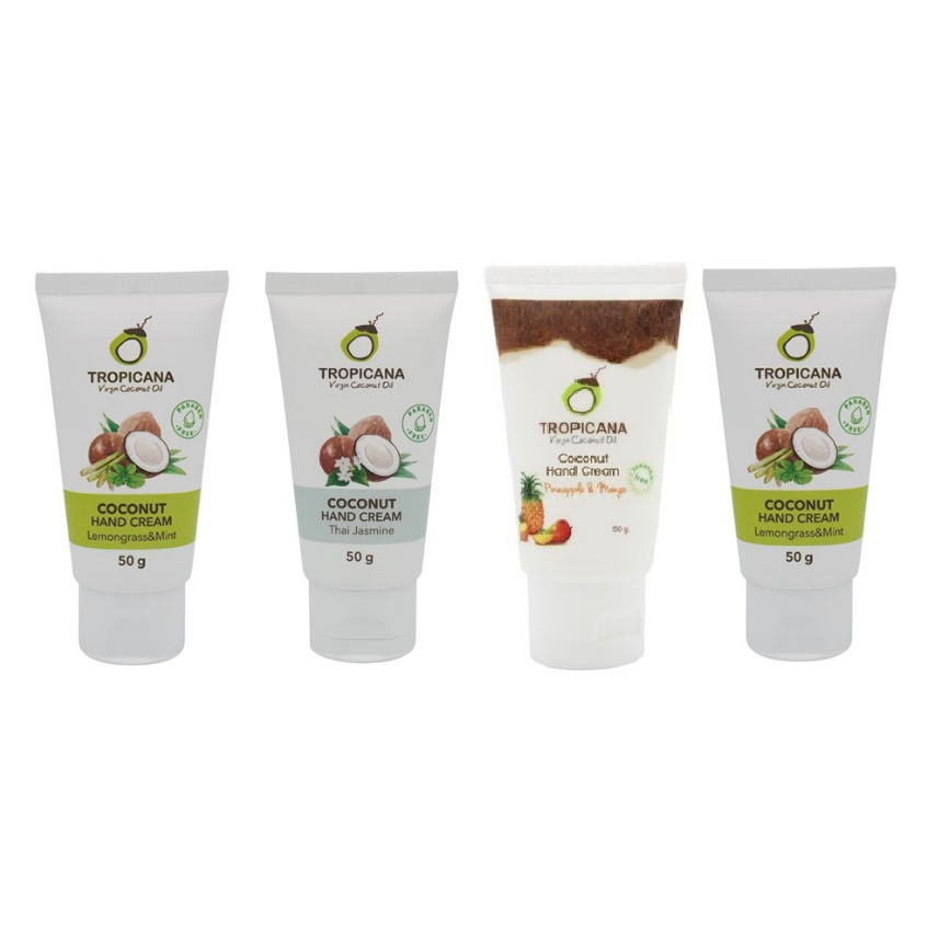 Tropicana Coconut Hand Cream ทรอปิคานา ครีมบำรุงมือ น้ำมันมะพร้าว ไม่เหนียวเหนอะหนะ ขนาด 50 กรัม มีให้เลือก 4 กลิ่น
