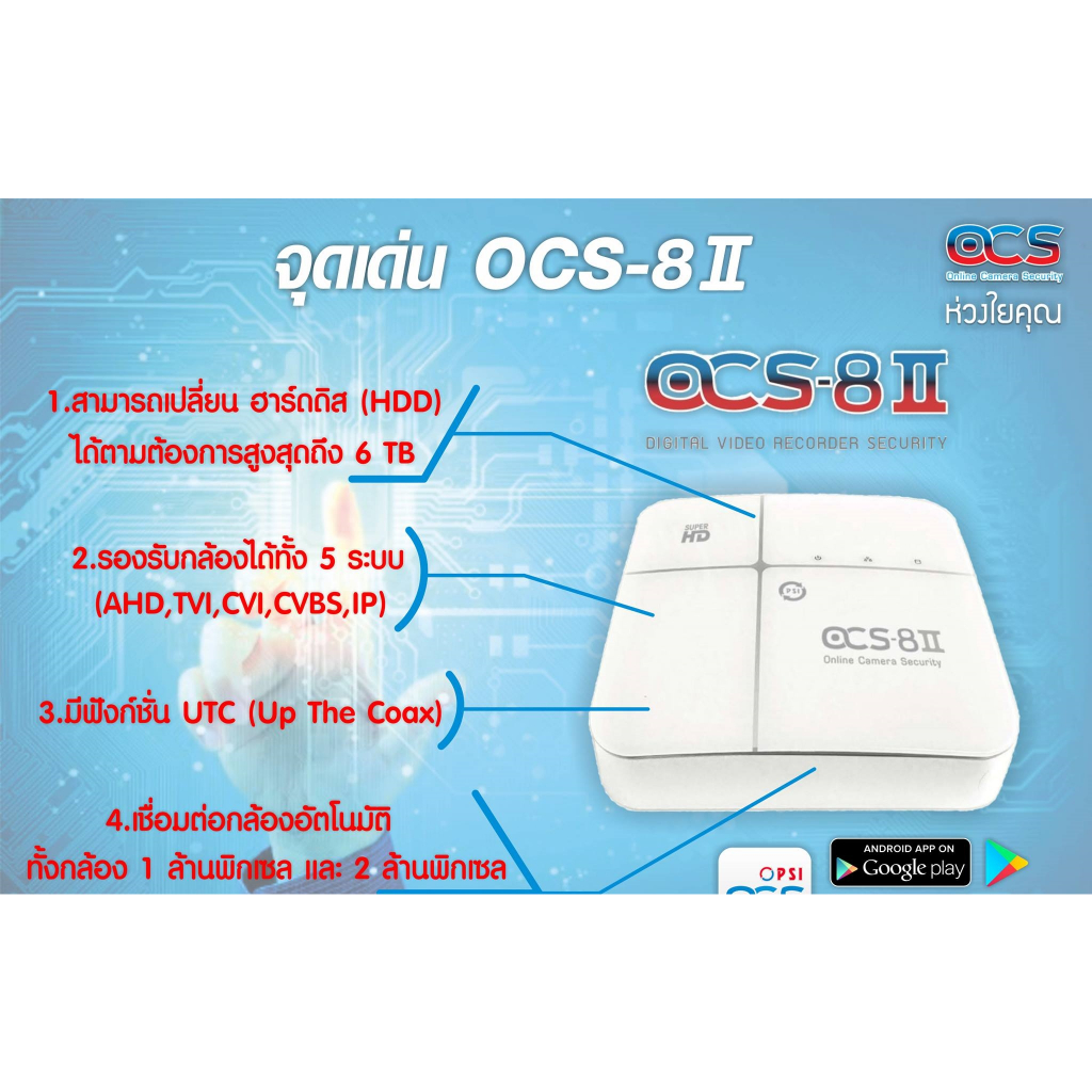 เครื่องบันทึกกล้องวงจรปิด DVR PSI OCS-8II (8 CH) + ฮาร์ทดิส HDD 1 TB ในกล่อง รองรับกล้อง HD 1 - 4 ล้