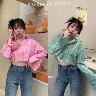 💫พร้อมส่ง💫Korea stripe crop shirt• เสื้อเชืิ้ต ทรงครอป สไตล์เกาหลี ปลายแขนพับสีขาว ดัเทลกระเป๋าอกแต่ง2ช่อง ผ้าcotton