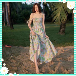 Maxidress เดรสสายเดี่ยว ลายดอกไม้ 🌸 ช่วงอกสม็อครอบตัว สายผูกโบว์ ใส่ไปทะเลแซ่บมากค่ะรุ่นนี้ 🏷งานป้าย