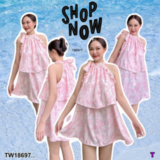 TwinsShopVip💗พร้อมส่ง TW18697 เดรสแขนกุด ระบาย 2 ชั้น ลายดอกไม้ ..