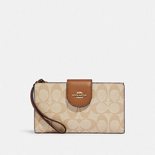 พร้อมส่ง แท้ 🇺🇸💯% New TECH WALLET IN COLORBLOCK SIGNATURE CANVAS (COACH C2874) GOLD/LT KHAKI/LT SADDLE