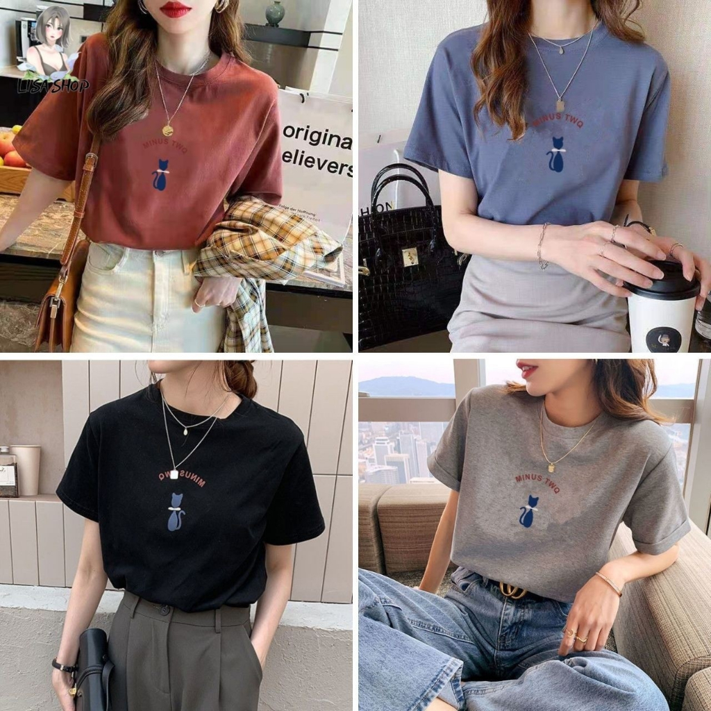 เสื้อลายน้องเเมว เเขนสั้นคอกลม ผ้านิ่มใส่สบาย สินค้าพร้อมจัดส่ง TS1034