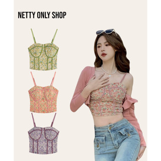 💗Netty Only Shop💗🌸เสื้อผ้าแฟชั่น เสื้อสายเดี่ยว ลายดอกไม้ ผ้ากำมะหยี่  🌸