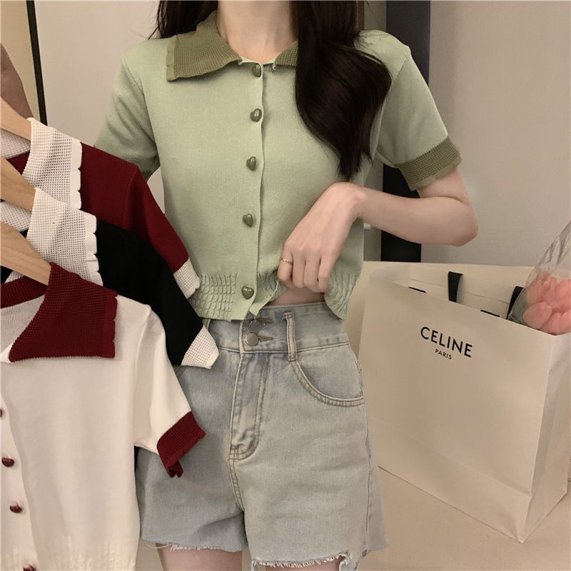 1LDK พร้อมส่ง เสื้อไหมพรม คอปกแขนสั้น ผ้านิ้ม กระดุมหัวใจ สไตล์ลูกคุณมาก(25043-1)