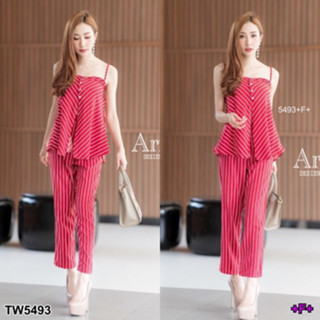 CS5493 Set สายเดี่ยวผ่าหน้าติดกระดุม+กางเกงขายาวลายริ้ว Set. Single strap, front cut, buttoned + striped trousers.