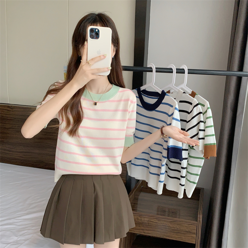Anna 9513 เสื้อยืดไหมพรม แขนสั้น ลายทาง จั้มแขนน่ารักใส่สบาย