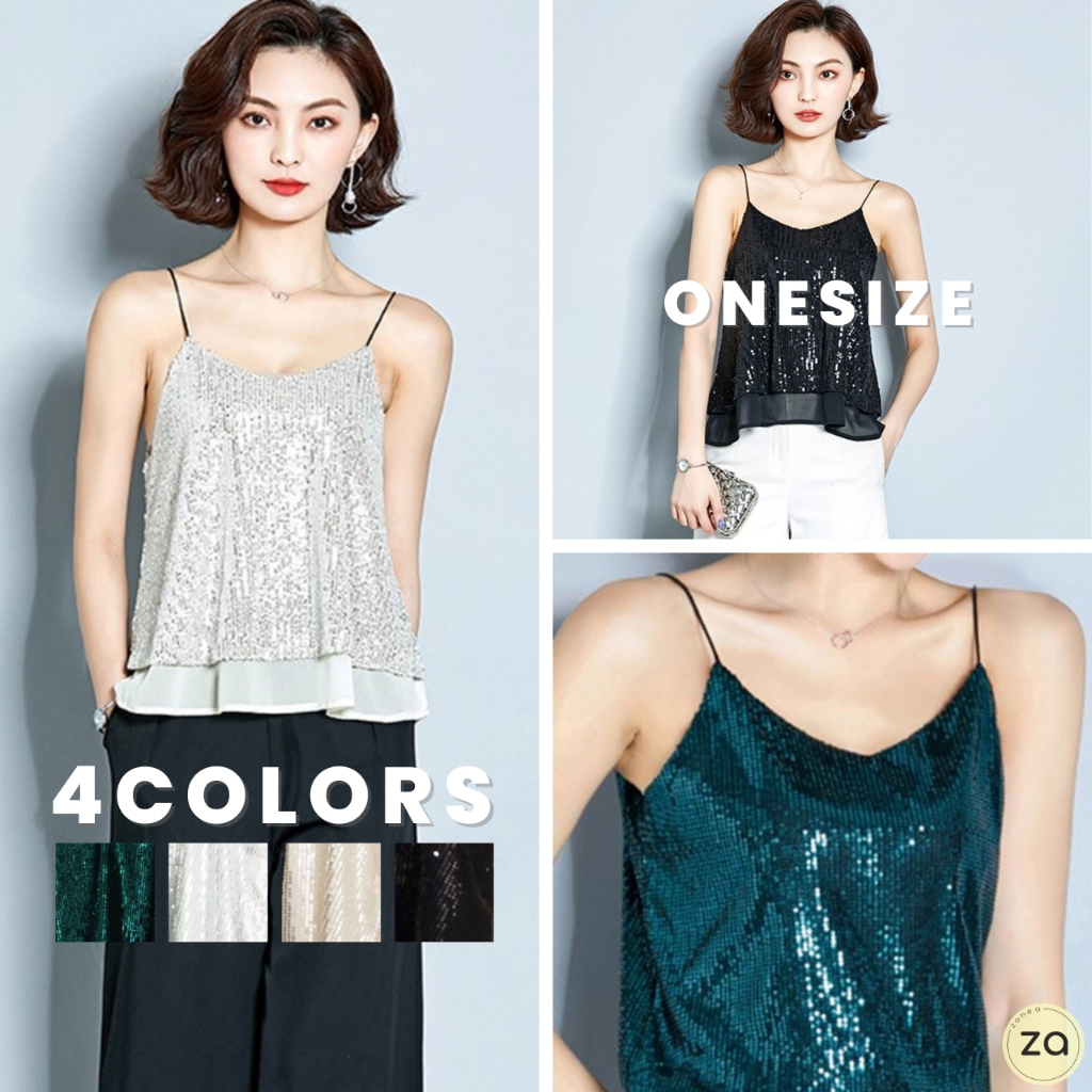 HOT SALE เสื้อสายเดี่ยวคอวีปักเลื่อม ชายซีทรู 4 สี