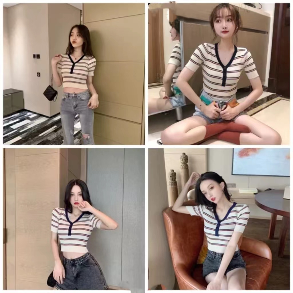 DODO v-neck ท็อปส์ซูคอตต้อนครีมคอตต้อน เสื้อยื ดการถัก เสื้อแขนสั้น hot sale（3469）