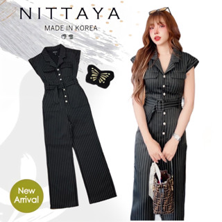 NITTAYA จั้มสูทขายาวมีเข็มขัดสีดำลายทาง(*เช็คสต๊อกก่อนกดสั่ง)