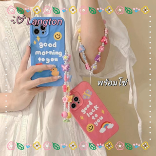 🌈Langton🌸ขอบเต็ม ป้องกันการหล่น iphone 11 14 pro max สไตล์สร้อยข้อมือ การ์ตูน รุ่นคู่ สีฟ้า สีชมพู case for iPhone 12 13