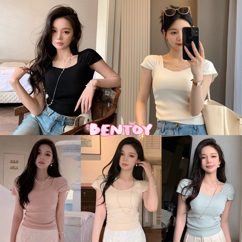 bentoy(31019)เสื้อยืดแขนสั้น ไหมพรม สีพื้น ดีเทลแขนเย็บจีบ น่ารัก รัดรูป