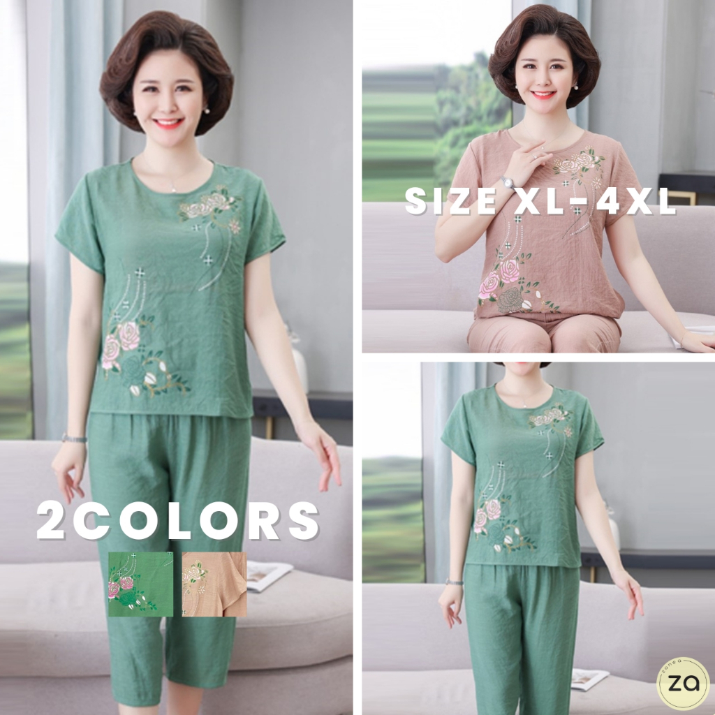 HOT SALE ชุดเซ็ต เสื้อคอกลมลายกุหลาบ กางเกงขาห้าส่วนเอวยางยืด 2 สี ผ้าลินินบางเบา ส่วมใส่สบาย