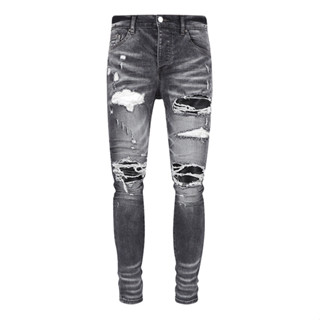 AMIRI black cow wash water holes do old patchwork MX1 stretch slim jeans