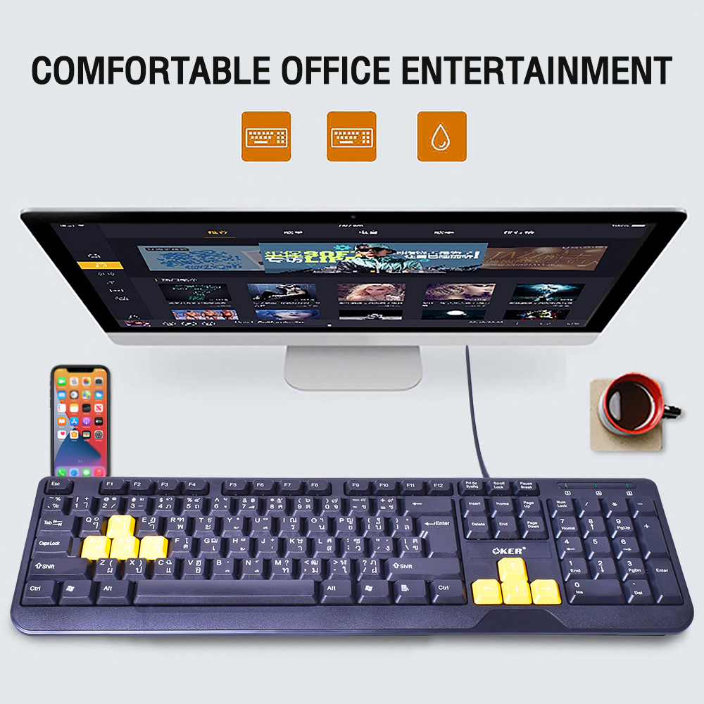 ✅ แท้100% OKER KB-318 Keyboard USB คีย์บอร์ดมาตรฐาน สีดำล้วน Slim+Desktop Waterproof Keyboard Black #CC 318