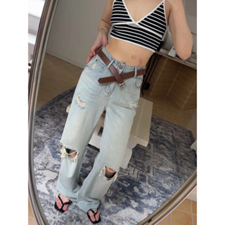 กางเกงยีนส์ขายาวเอวสูง RIPPED WASHED STRAIGHT CUT SOFT DENIM PANTS