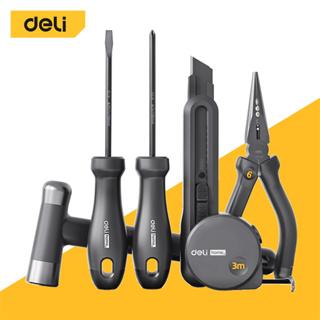 Deli ชุดเครื่องมือช่าง6in1 คัตเตอร์ ตลับเมตร ค้อน ประแจเลื่อน คีมปากแหลม ไขควง อุปกรณ์เครื่องมือช่าง Household Tool Set