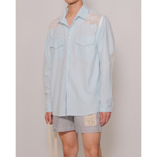 CLUB ✿ 19 Floral-Western Oxford Shirt in Light Blue | เสื้อเชิ้ต สไตล์ Western ดีเทลผ้าซีทรูลายดอกไม้ สีฟ้าอ่อน