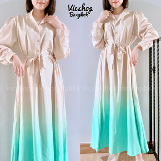 Classic Maxi dress เดรสไปงาน เดรสไปทะเล แม็กซี่เดรสทูโทน ทรงเอยาวผ้าไหมอิตาลีแบบสวมติดกระดุมบนแขนยาว พร้อมเชือกผูกเอว