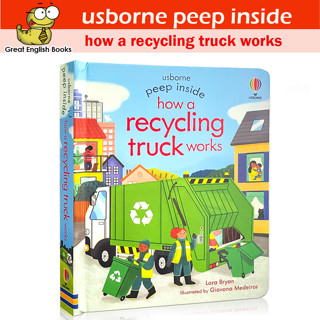 (ใช้โค้ดรับcoinคืน10%ได้) พร้อมส่ง บอร์ดบุ๊ค Flip Flap สำหรับเด็กเล็ก USBORNE PEEP INSIDE HOW A RECYCLING TRUCK WORKS หนังสือบอร์ดบุ๊คสำหรับเด็ก หนังสือภาษาอังกฤษ by GreatEnglishBooks