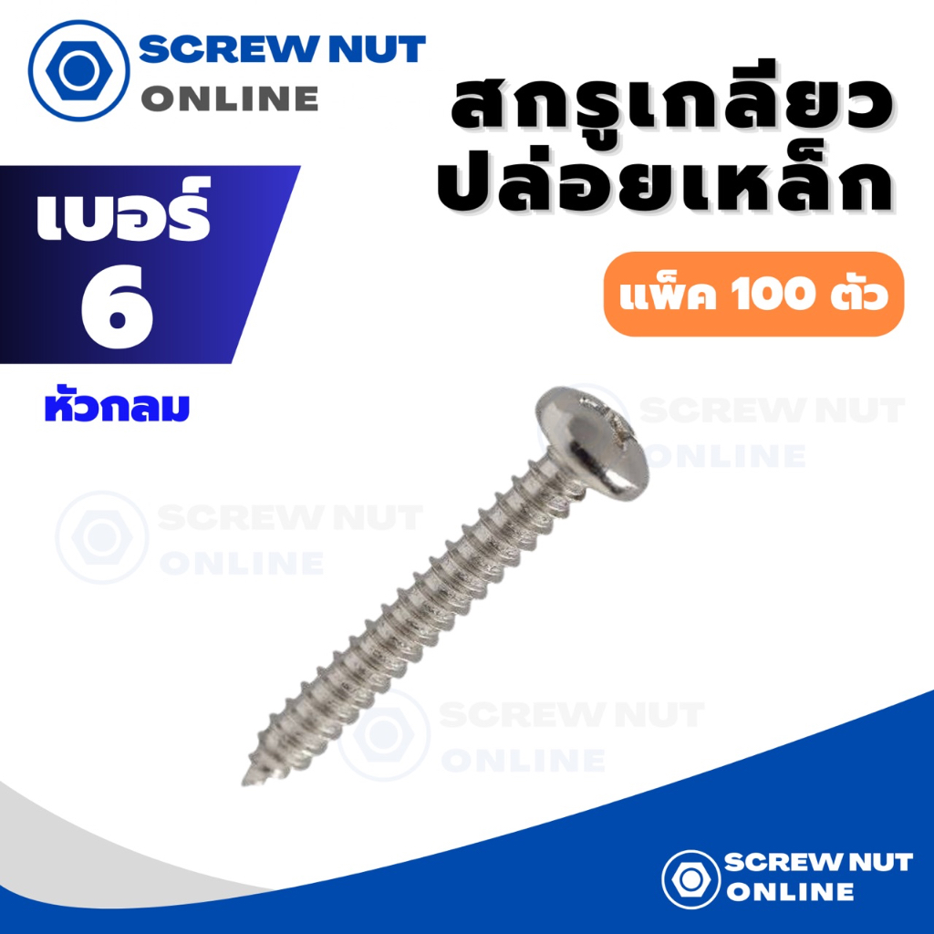 สกรูเกลียวปล่อยเหล็ก หัวกลม P เบอร์6 ความยาว 5/16-2" (แพ็ค100ตัว)