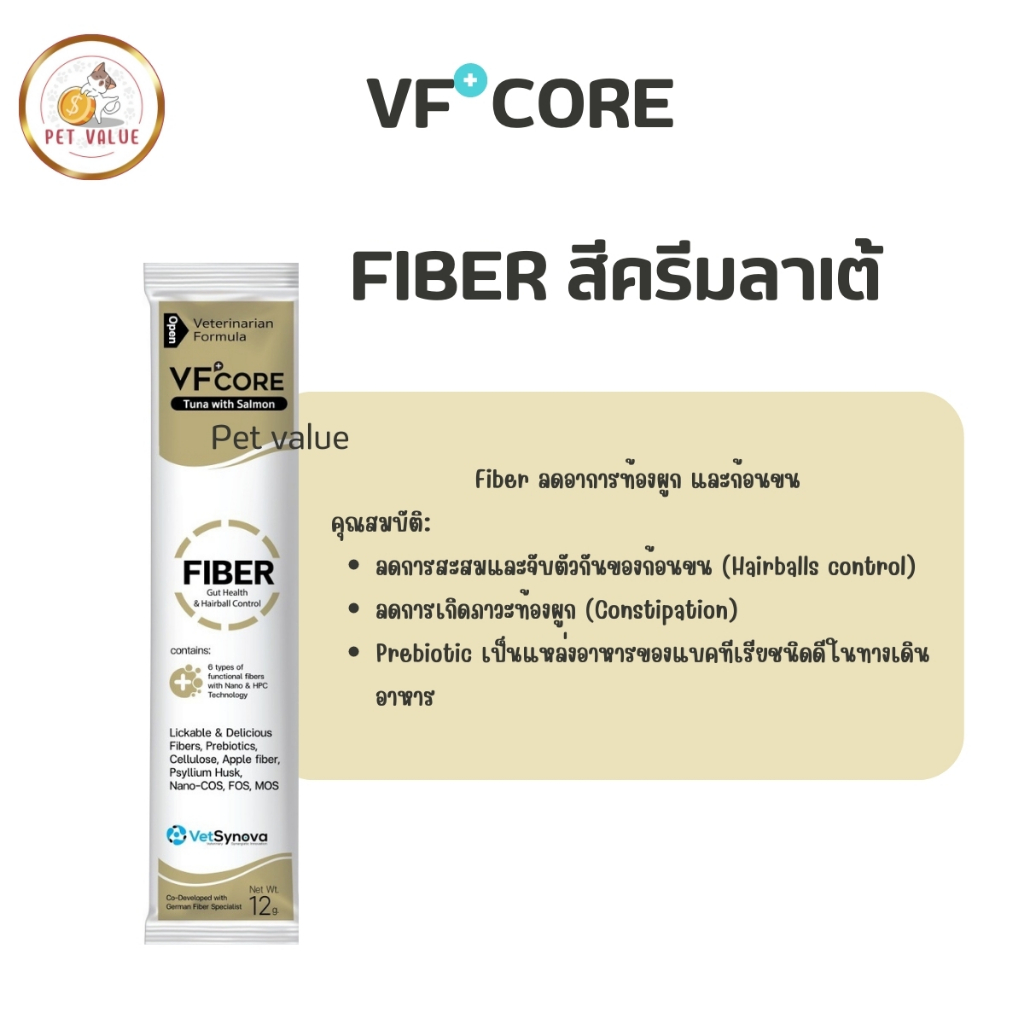 FIBER สีครีมลาเต้ ลดการสะสมและจับตัวกันของก้อนขน VF CORE แบบซอง อาหารเสริมแมวรูปแบบใหม่ ขนมแมวเลีย -