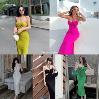 Teera❤️พร้อมส่ง✨Amber Dress💓เดรสผ้านูนลายคลื่น แต่งห่วงเงิน มีฟองน้ำ+กกน. เซ็กซี่มาก💥