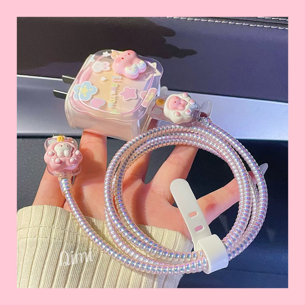 D4กระต่ายชมพู พร้อมส่งจากไทย ชุดพันสาย เคสหัวชาร์จ ลายการ์ตูน ตัวถนอมสาย USB 20w 18w - รูปที่ 2