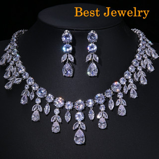 Best Jewelryเซ็ตสร้อยคอ/ต่างหู แบบเพชร CZ เกรด 8A Cubic Zirconia ต่างหูสร้อยคอชุดสำหรับงานแต่งงานเจ้าสาวชุดแต่งงาน