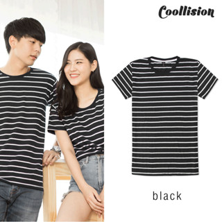 #Coollision -MINI BLACK-WHITE เสื้อยืดลายทาง ดำเส้นขาวห่าง เสื้อลายทางunisex(S036)